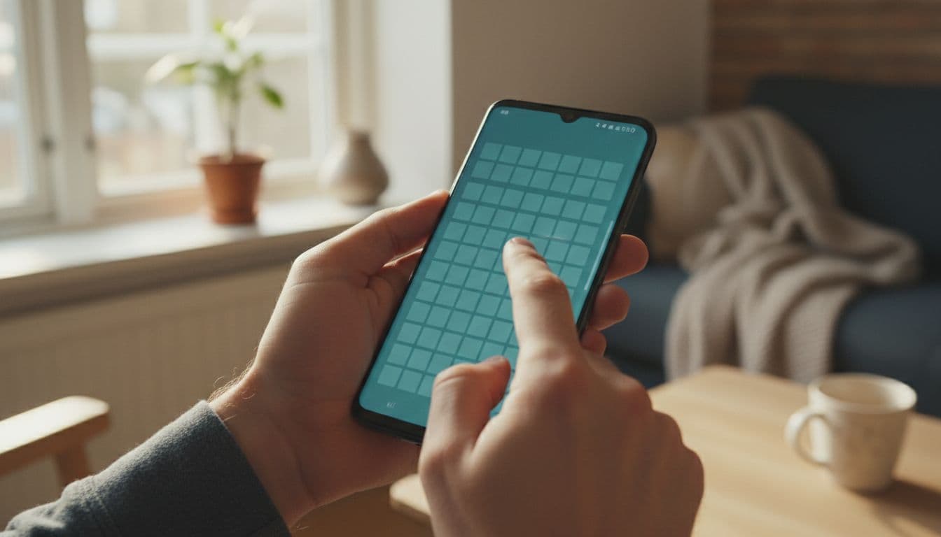 A person tests the responsiveness of a smartphone screen in a bright, modern living room.
