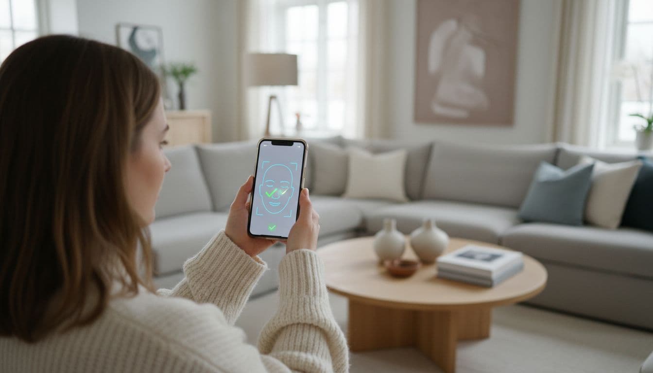 A person holds a smartphone toward their face in a minimalist, light-filled Nordic living room. The focus centers on the device screen and the individual's attentive expression while checking security settings.