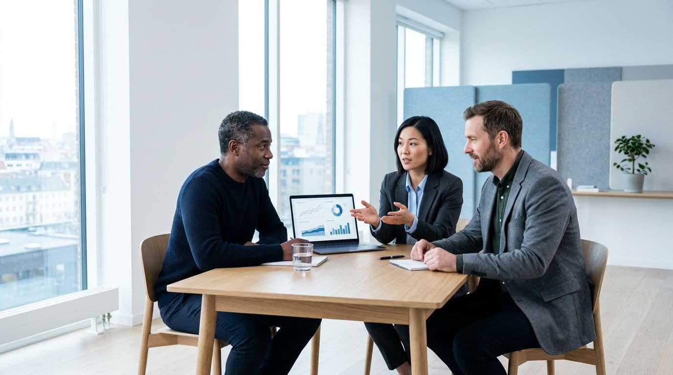 Exactly three diverse business casual adults (two men, one woman, ages 30-50) gathered around one laptop showing generic productivity charts in a bright modern Scandinavian office with large windows overlooking a subtle city skyline, one person explaining with an open hand gesture.