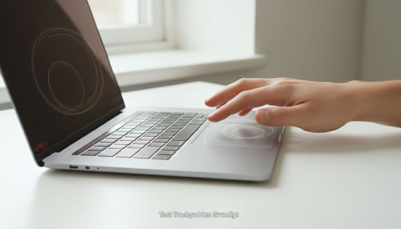 Photorealistic close-up of one young hand performing a smooth multi-touch three-finger swipe gesture on the large glass trackpad of an open silver refurbished MacBook Pro on a clean white desk in bright natural light. Focus on finger positions, trackpad response, and high-detail surface reflections, with exactly one relaxed hand visible, no arms, faces, screens, text, logos, or watermarks.