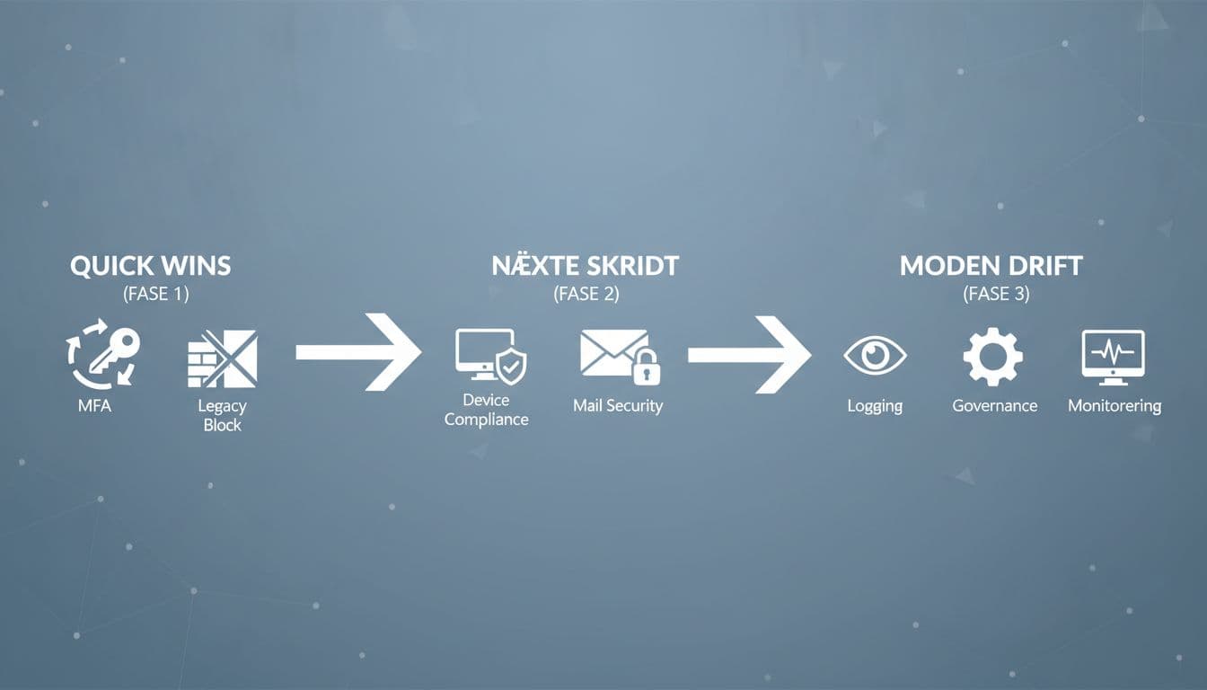 Minimalist horizontal roadmap in three phases: Quick Wins (MFA, legacy block), Next Steps (device compliance, mail security, conditional access), Mature Operations (logging, governance, monitoring), with icons for identity, endpoint, email, and more, progressing left to right on a blue-gray gradient tech background.