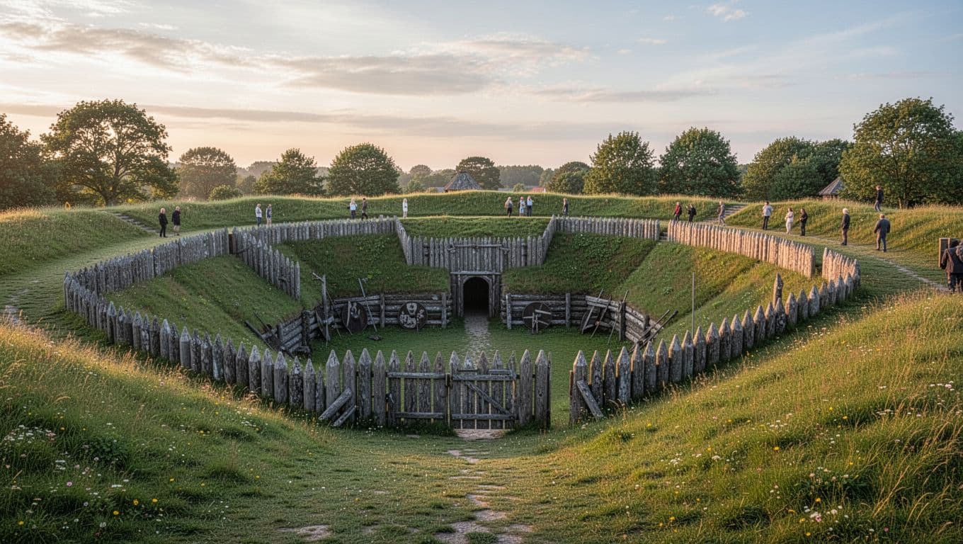 Trelleborg vikingeborg ved Slagelse i aftensol