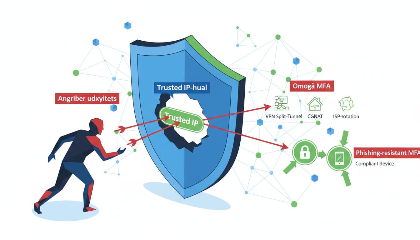 Isometric illustration of a security shield with a Trusted IP vulnerability allowing attackers to bypass MFA via VPN split-tunnel, CGNAT, or ISP rotation, while phishing-resistant MFA and compliant devices block threats.