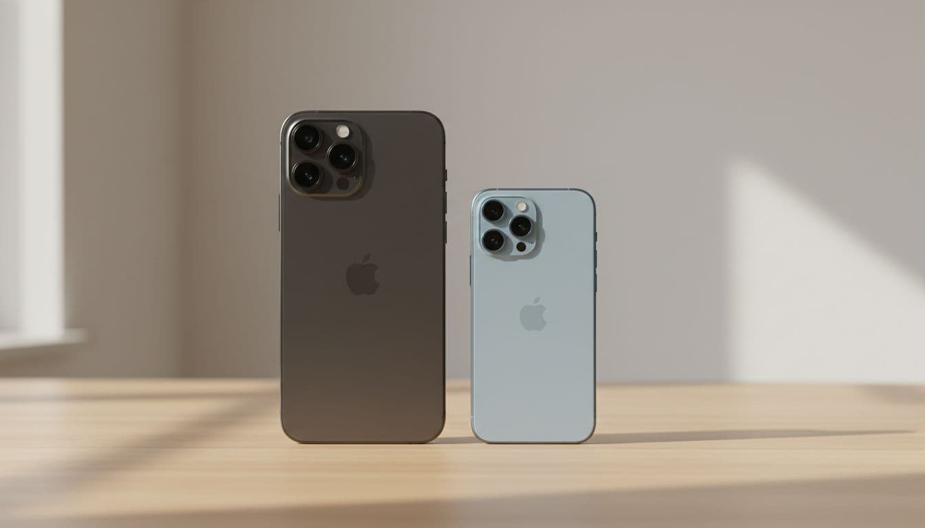 Two distinct iPhone models rest side by side on a smooth, light-colored oak wood table. The composition is clean and minimalist, highlighted by soft natural lighting from a nearby source.