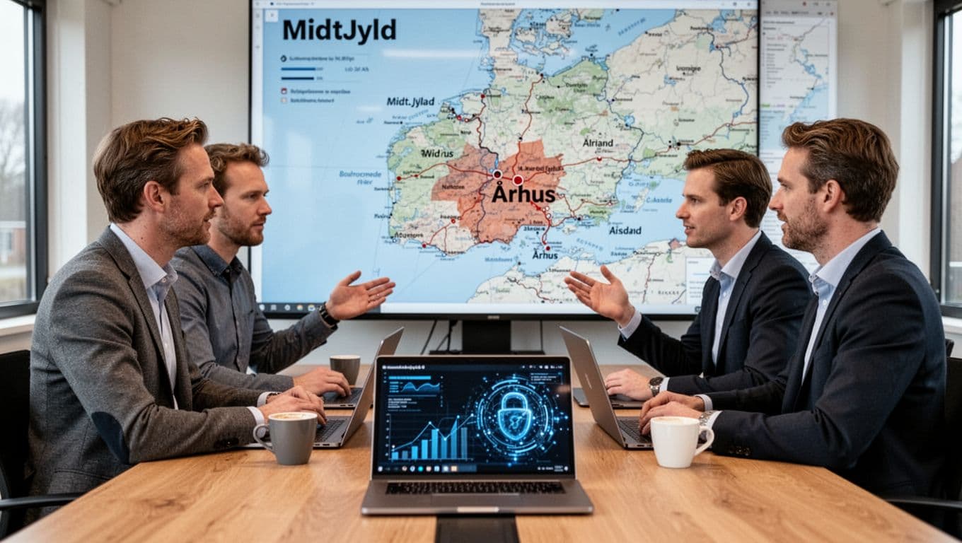 Two IT experts in a Danish meeting room discuss a screen with security data, seated at a table with laptops and coffee, against a background map of Mid Jutland marking Aarhus.