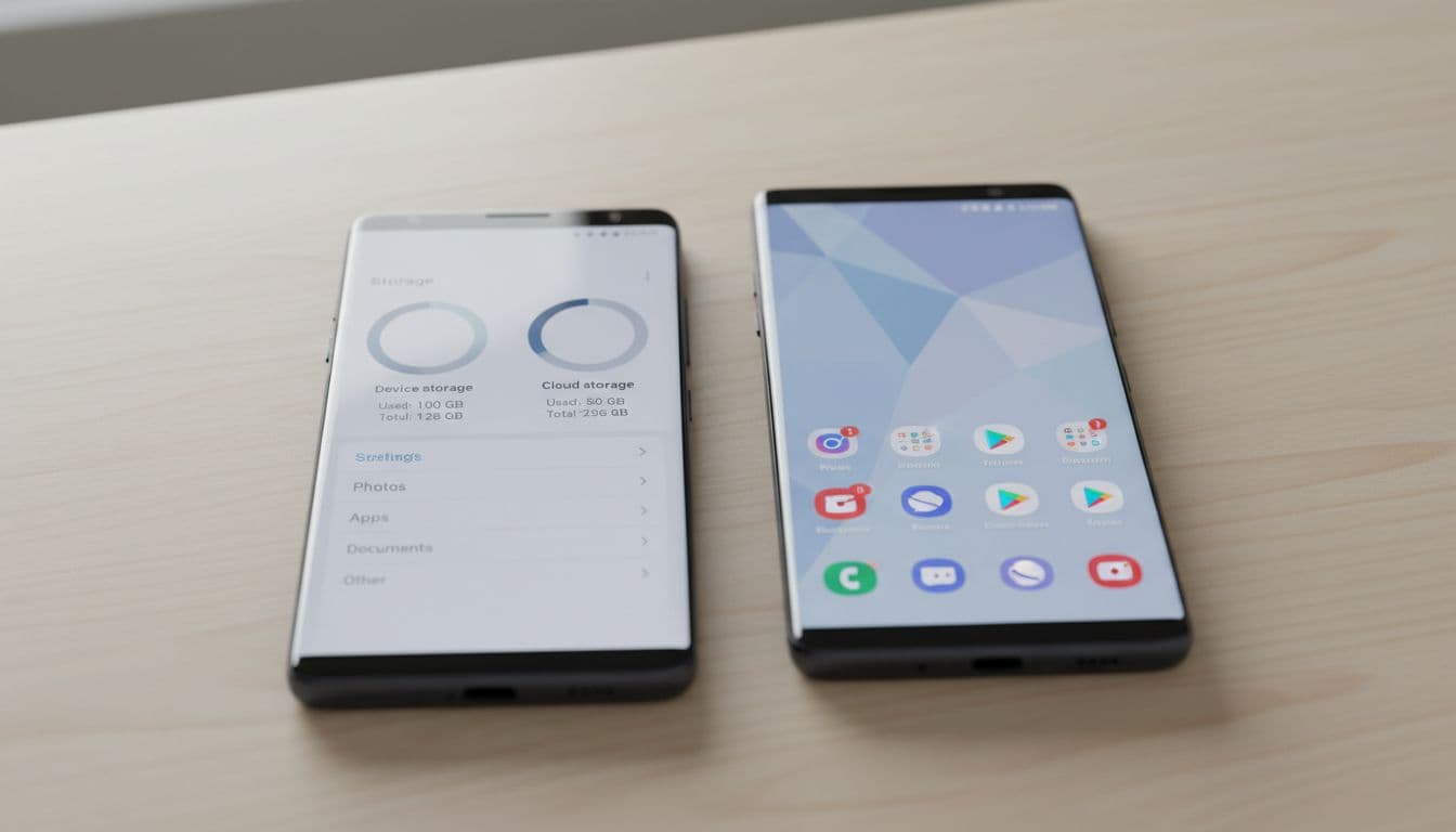 Two Samsung Galaxy smartphones sit side-by-side on a clean surface showing different storage settings.