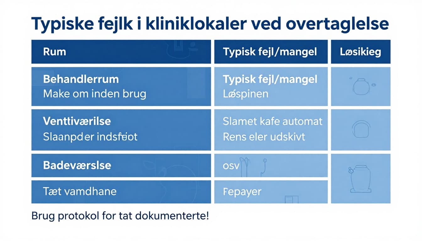 Minimalistisk skandinavisk infografik med hvid baggrund, tynde grå linjer og blå accenter, der viser en tabel med typiske fejl i kliniklokaler ved overtagelse, løsninger og en note om protokol.