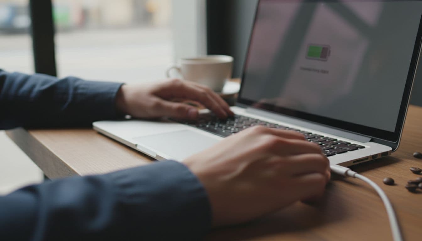 Photorealistic image of a young person connecting a USB-C charger to the charging port of an open refurbished MacBook on a cafe table, with soft natural light and focus on the hands and charging indicator on the screen.