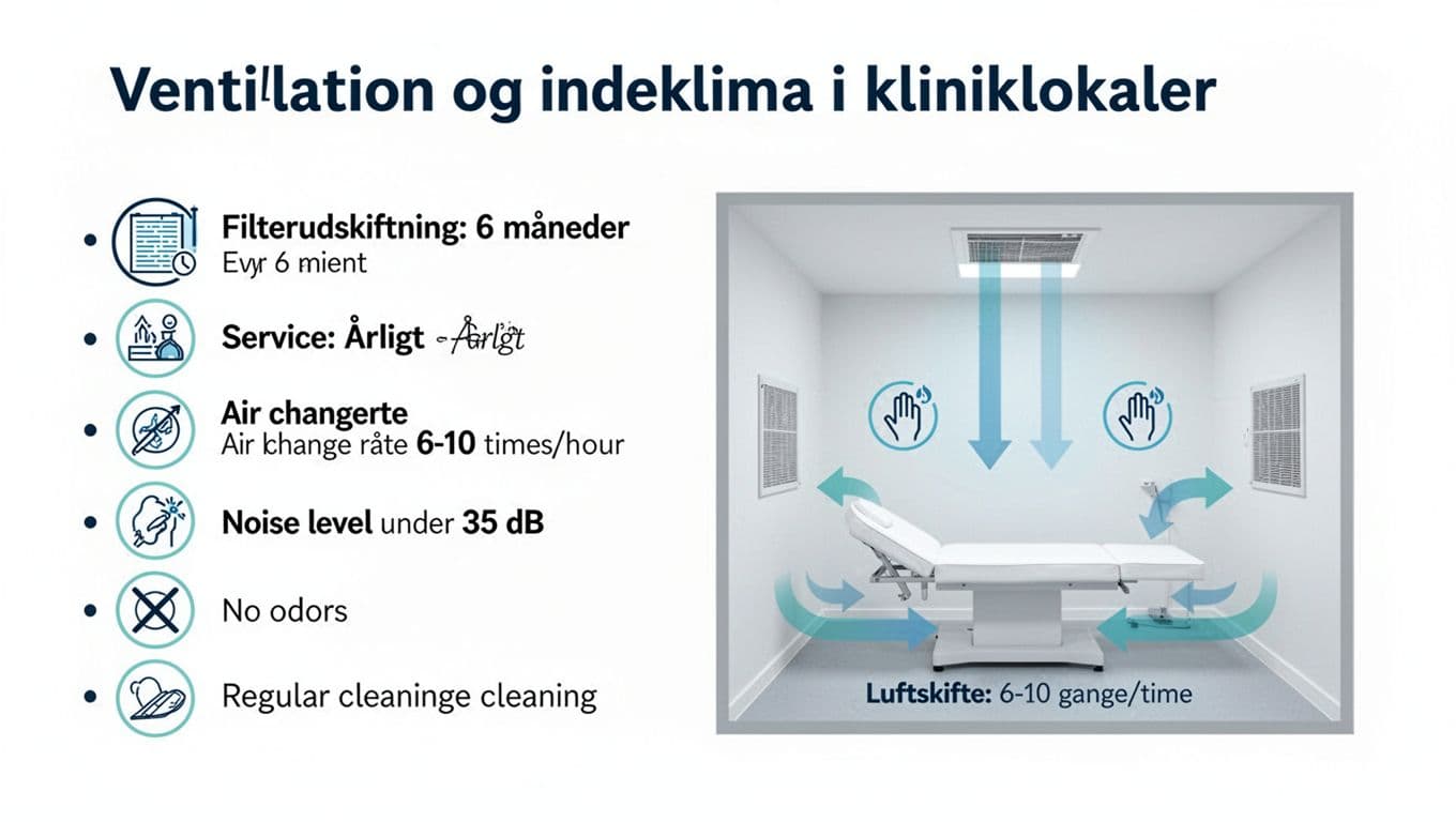 Minimalistisk skandinavisk infografik med checkliste for ventilationskontrol i kliniklokaler, inklusive ikoner for filterudskiftning, service, luftskifte, støjniveau og rumlayout med luftstrømmepiler.