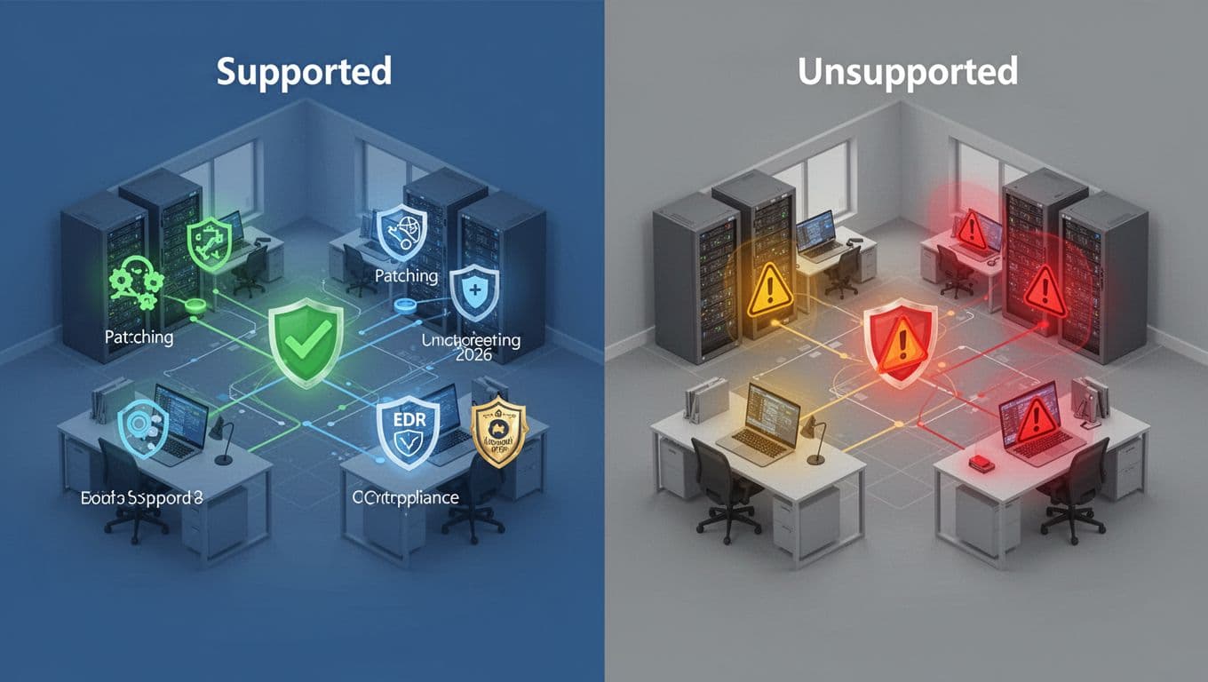 Professional split-screen isometric illustration contrasting secure supported office networks with risky unsupported ones after Windows 10 end of support in 2026. Clean modern flat style using Scandinavian blues, greys, and red accents for high readability.