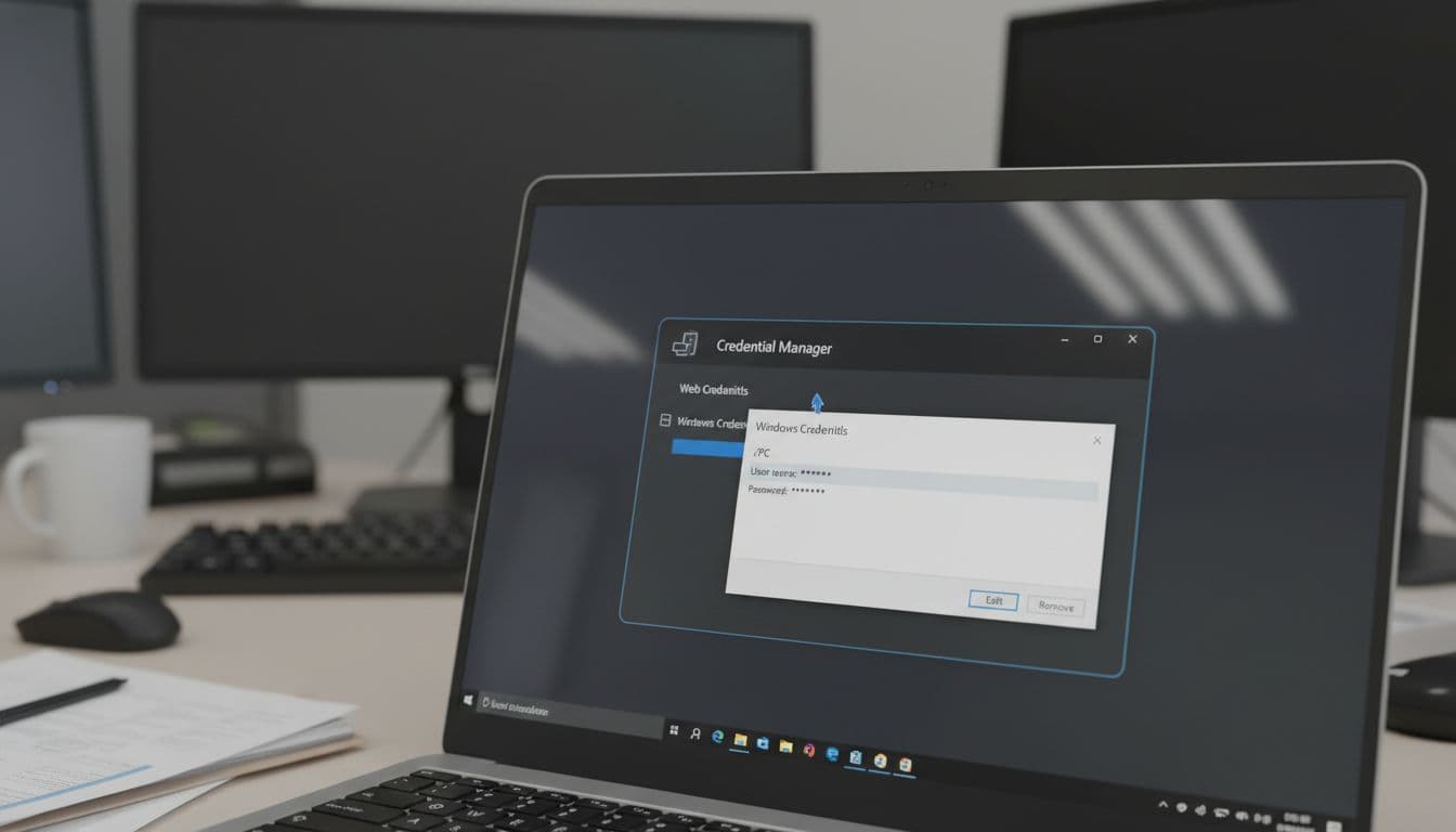 Photorealistic image mimicking a screenshot of Windows 11 Credential Manager on a laptop screen in an office, showing anonymized generic credentials for '\PC', with blurred background and neutral lighting.