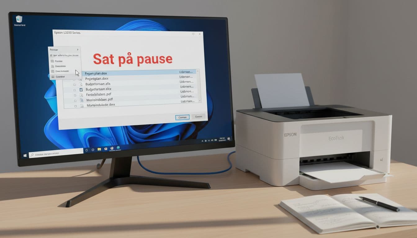 Photorealistic image of a Windows 11 desktop on a tidy modern home office desk with soft afternoon light, showing the open Epson printer queue window paused in red, mouse cursor hovering over 'Genoptag' (Resume) button in Danish UI.