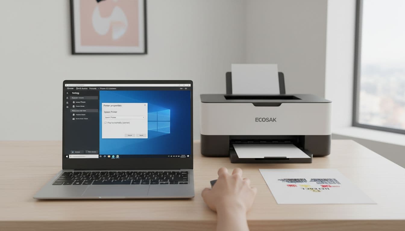 Photorealistic image of a minimalist office with an Epson printer and a mirror-reversed printout. A Windows 11 laptop shows printer settings with the 'Mirror horizontal' option checked, and a hand points to it with a mouse.