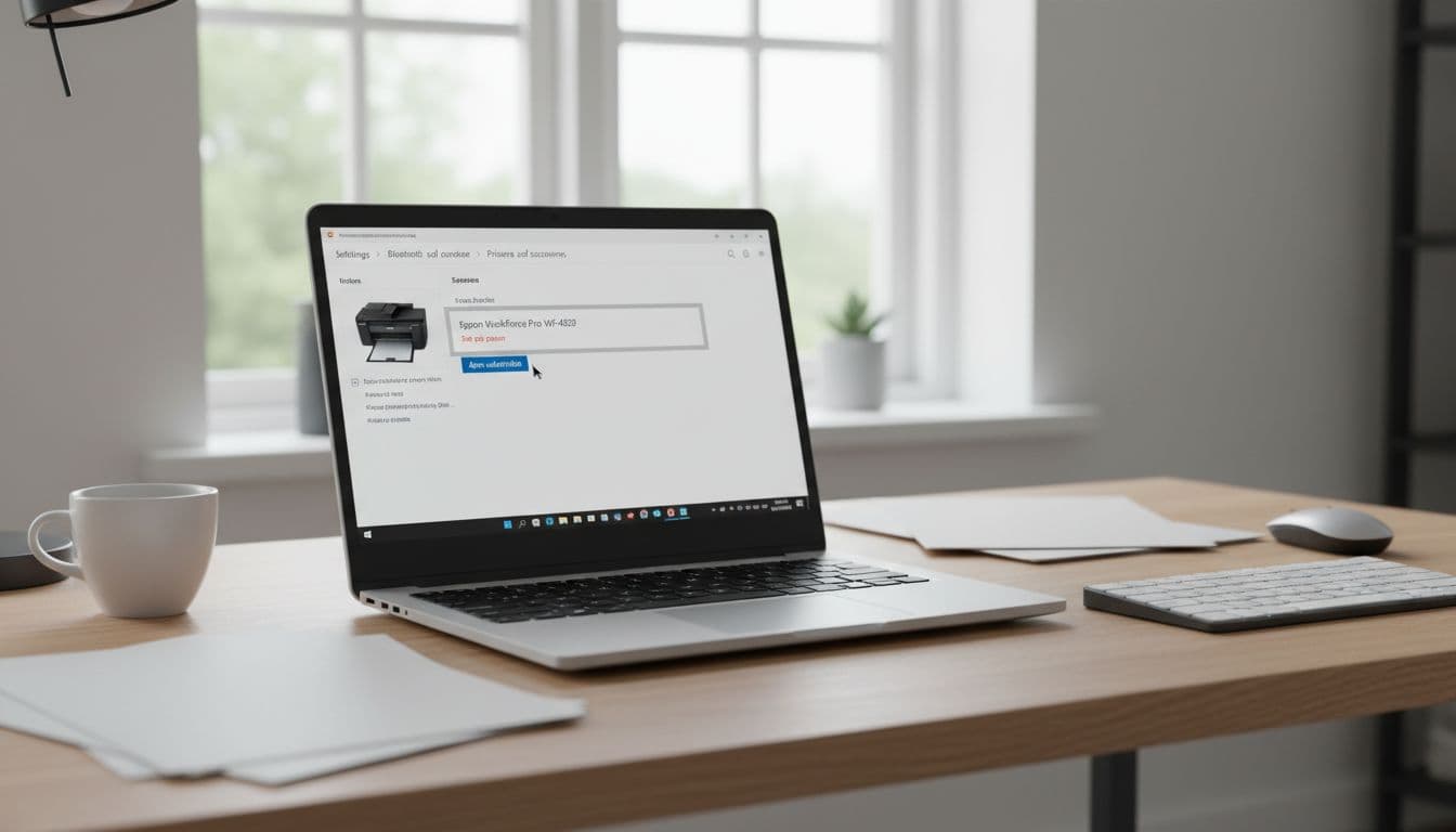 Fotorealistisk billede af en Windows 11 laptop på et moderne dansk hjemmekontor skrivebord, der viser indstillinger for printere og scannere med en Epson WorkForce printer sat på pause og musen pegende på 'Åbn udskriftskø'. Professionel atmosfære med naturligt lys og kontorrekvisitter.