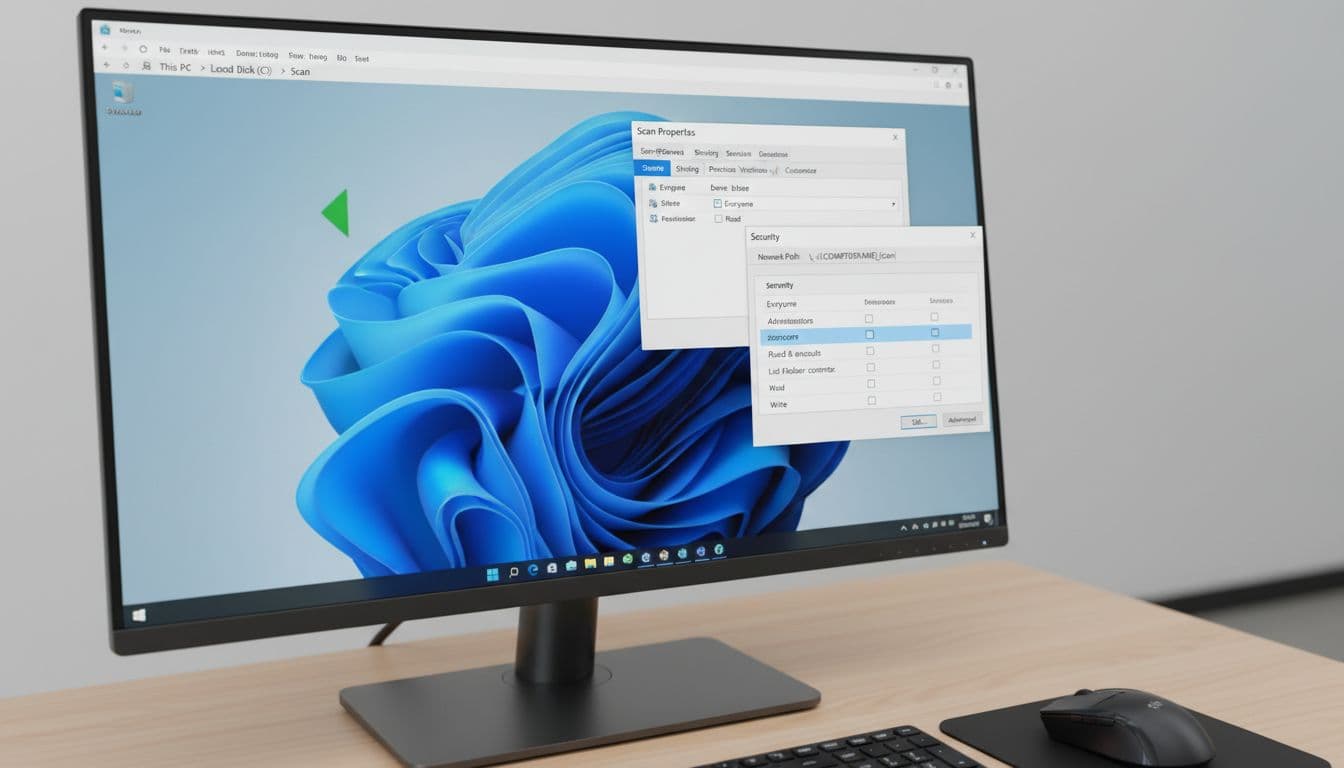 Photorealistic close-up of Windows 11 File Explorer showing shared 'Scan' folder on C:\Scan with Sharing permissions and NTFS Security dialogs open, highlighting 'scanuser' with full control in a subtle IT-support office setting.
