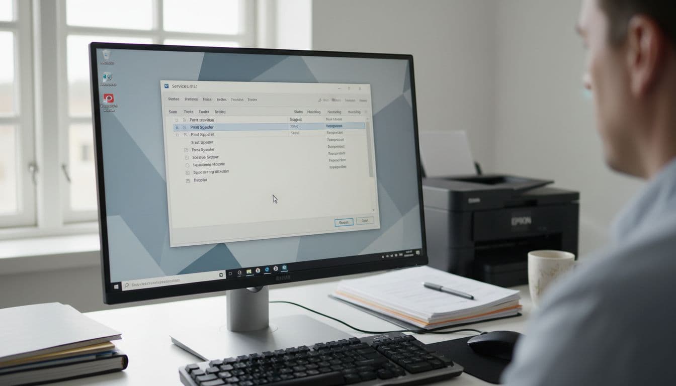 Photorealistic over-the-shoulder view of a Windows 11 PC screen in a bright Danish home office displaying services.msc with Print Spooler service highlighted as stopped, mouse cursor on Start button. Realistic setup includes keyboard, mouse, Epson printer, natural light, and professional IT troubleshooting atmosphere.