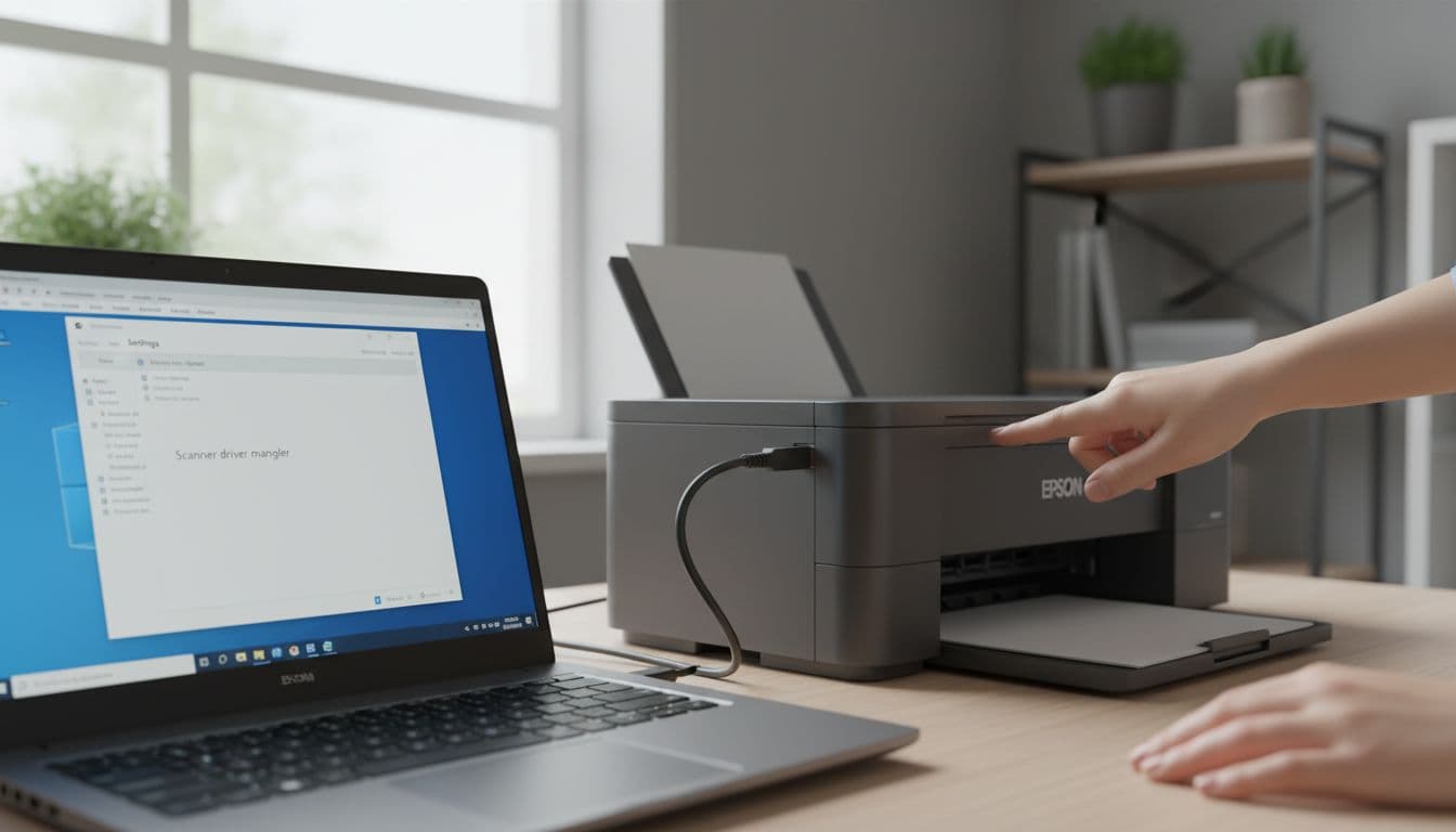 Photorealistic modern home office scene showing a technician checking USB connection between Epson multifunction printer and Windows 11 laptop displaying generic device error in Device Manager.