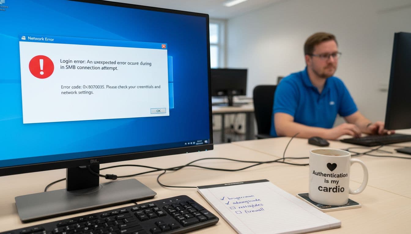 Photorealistic Windows 11 dialog box displaying a generic 'Login error' for SMB connection attempt on an office desk, next to a notepad checklist in Danish and a humorous coffee mug saying 'Authentication is my cardio'. Blurred frustrated IT worker in the background.