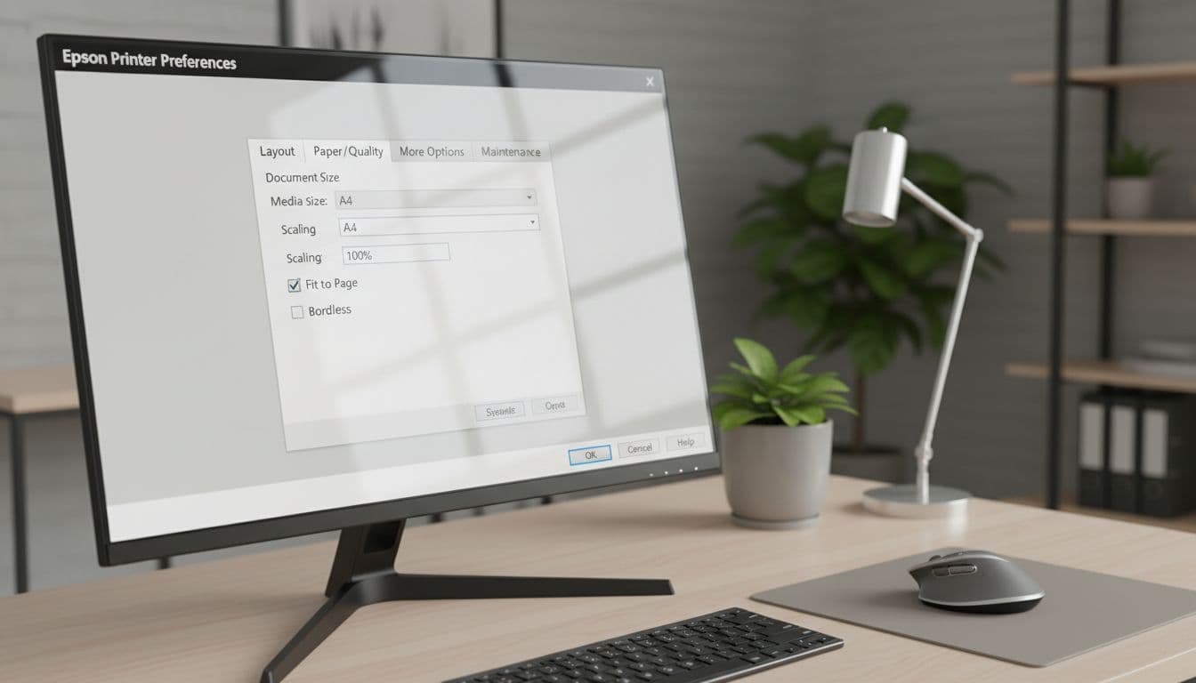 Photorealistic Windows PC screen displaying Epson print dialog with Paper/Quality tab, A4 size, 100% scaling, no fit to page or borderless. Modern desk setup with mouse, keyboard, natural lighting, and readable labels.