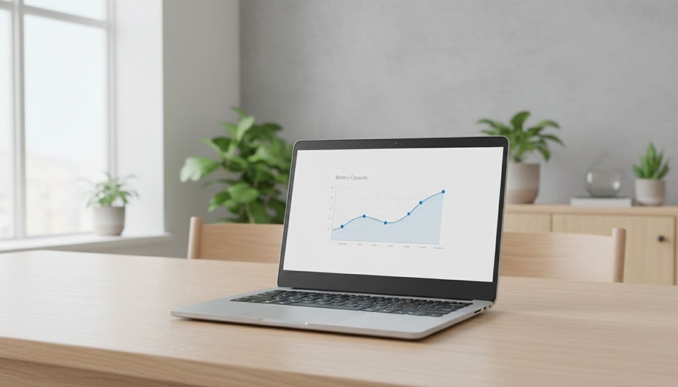 Close-up of Windows laptop on table with battery health graph on screen in clean Nordic setting.