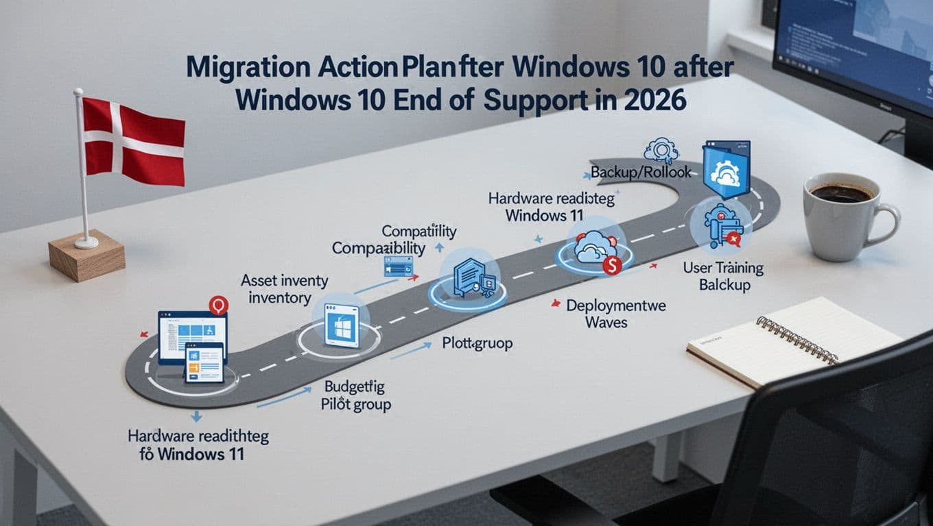 Professional B2B illustration of a visual 6-8 step action plan for migrating from Windows 10 after 2026 end-of-support, featuring asset inventory, compatibility checks, and deployment waves in a clean flat-isometric style on a Danish workplace desk.