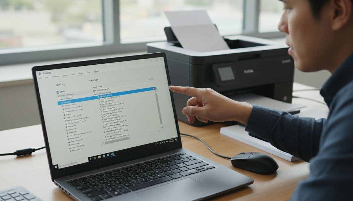 Photorealistic close-up of a Windows 11 laptop screen on an office desk showing the Services window with Print Spooler highlighted and stopped, Epson printer in background after printing, hand pointing at screen.