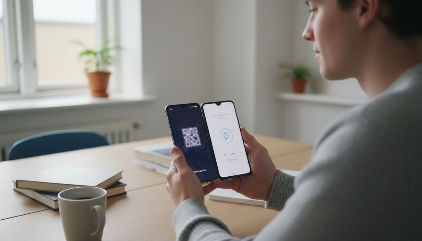 A student in their 20s in a bright Danish student dorm with books and coffee on the table holds two Samsung Galaxy phones close for wireless data transfer using Smart Switch, featuring soft natural light, realistic hands, Nordic minimalism, and photorealistic style.