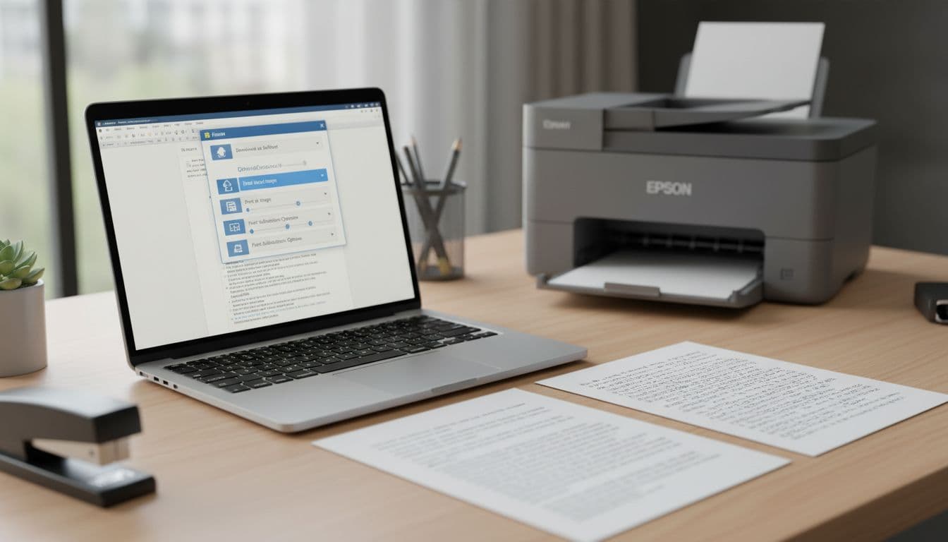 Photorealistic office desk scene with laptop showing Microsoft Word print dialog featuring 'Download as Softfont', 'Print as Image', and font substitution options. Contrasting printed papers with normal and strange text beside an Epson printer in natural light.