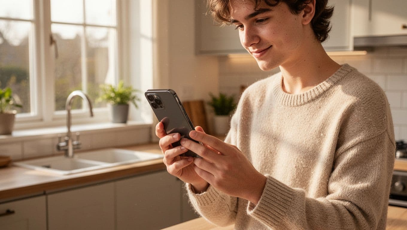 Photorealistic image of a young person in their 20s casually holding a refurbished iPhone in a sunlit kitchen with soft natural light from a window, relaxed authentic hands in a cozy everyday environment.
