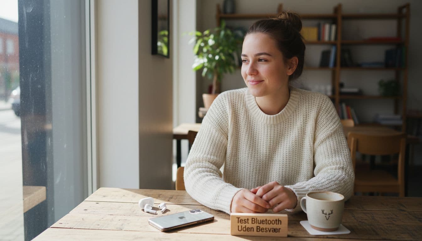 A young adult in a cozy Nordic cafe tests Bluetooth on a refurbished iPhone, with wireless earbuds placed next to the phone on a wooden table under natural daylight.