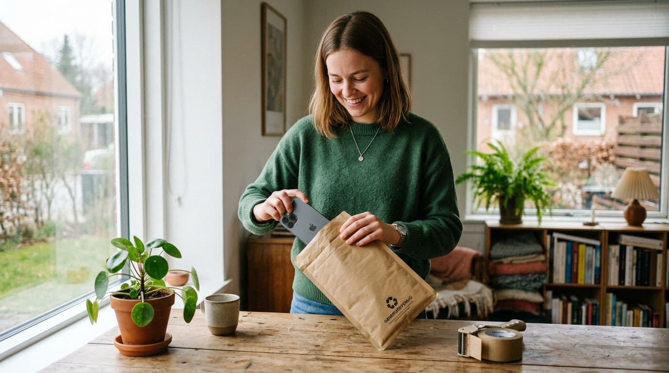 Photorealistic documentary-style image of a young Danish person in their 20s standing in a sunlit living room, happily packing a modern iPhone into a brown reusable shipping envelope with a recycling mark. Focus on the phone and package, with a table featuring plants and a recycling bin in a blurred homely background.