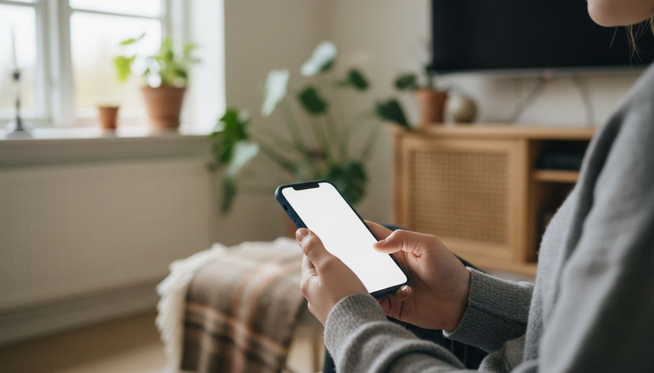 Fotorealistisk billede af en ung dansk person i hyggeligt dansk hjem, der holder og opsætter en moderne refurbished iPhone via iCloud-overførsel med naturlig vinduesbelysning og fokus på telefonen.