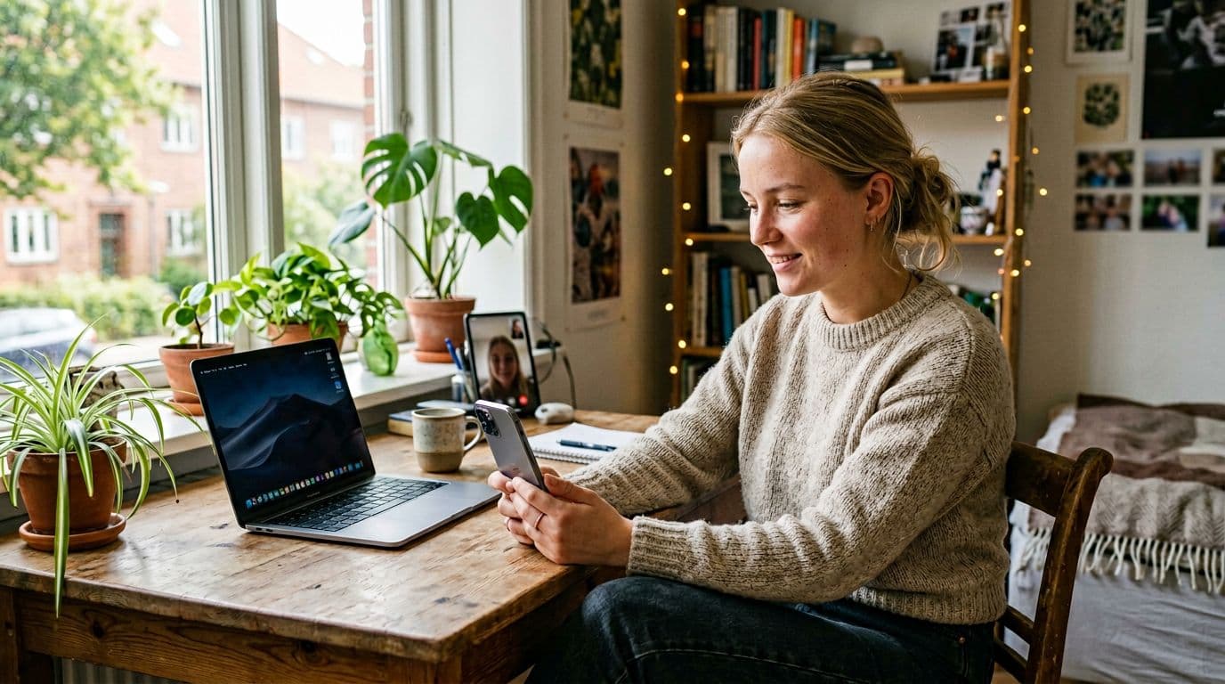 Photorealistic image of a young Danish student (20s) in casual eco-friendly clothes sitting at a desk in a cozy room with plants, holding a refurbished iPhone displaying a blurred FaceTime video call interface, with a refurbished MacBook open nearby.