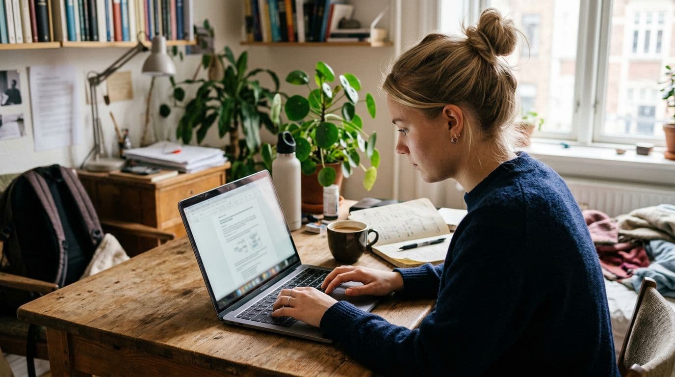 Photorealistic image of a young Danish student in their 20s working on a neutral laptop at a cozy study desk, with coffee, notebooks, and plants nearby in natural light.