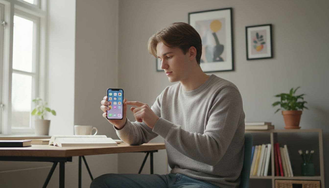 Photorealistic image of a young Danish student in casual clothes sitting at a desk in a cozy room with soft daylight, testing iPhone touch by dragging icons on the home screen with one relaxed hand.
