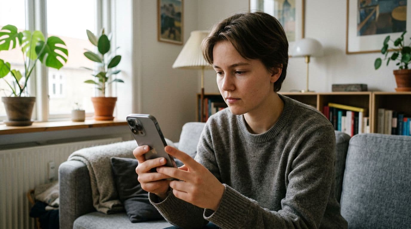 A young person with neutral appearance tests Face ID on a refurbished iPhone from various angles and distances in a typical Danish living room with sofa and window. Photorealistic documentary style with natural light, soft depth of field, realistic skin tones and reflections.