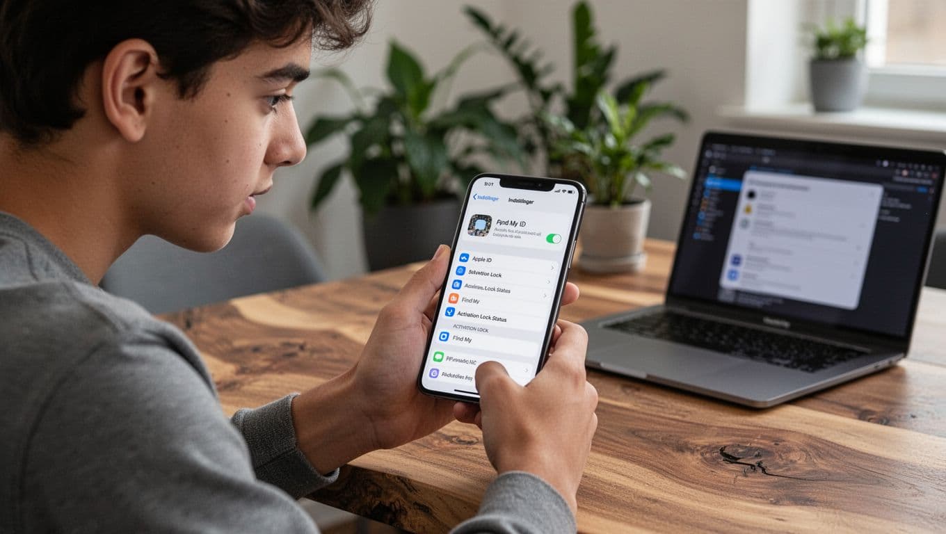 Photorealistic image of a young person in a home office holding a refurbished iPhone, displaying Activation Lock status in Apple ID and Find My settings, with a curious expression.