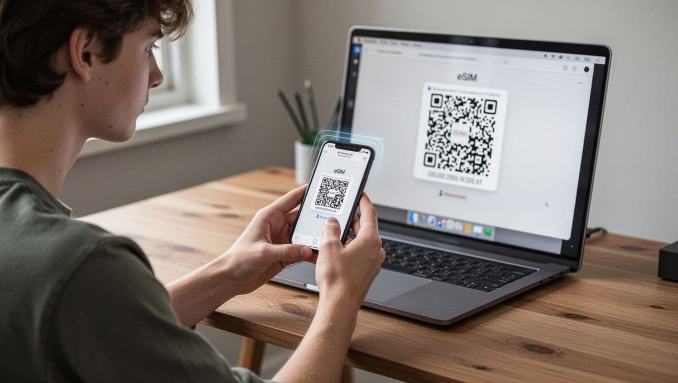 Photorealistic half-body view of one young person seated at a Scandinavian wooden desk in a home office, relaxedly holding a refurbished iPhone in both hands to scan a blurred unreadable eSIM QR code from a laptop screen, with natural hands, soft daylight, neutral colors, and high detail.