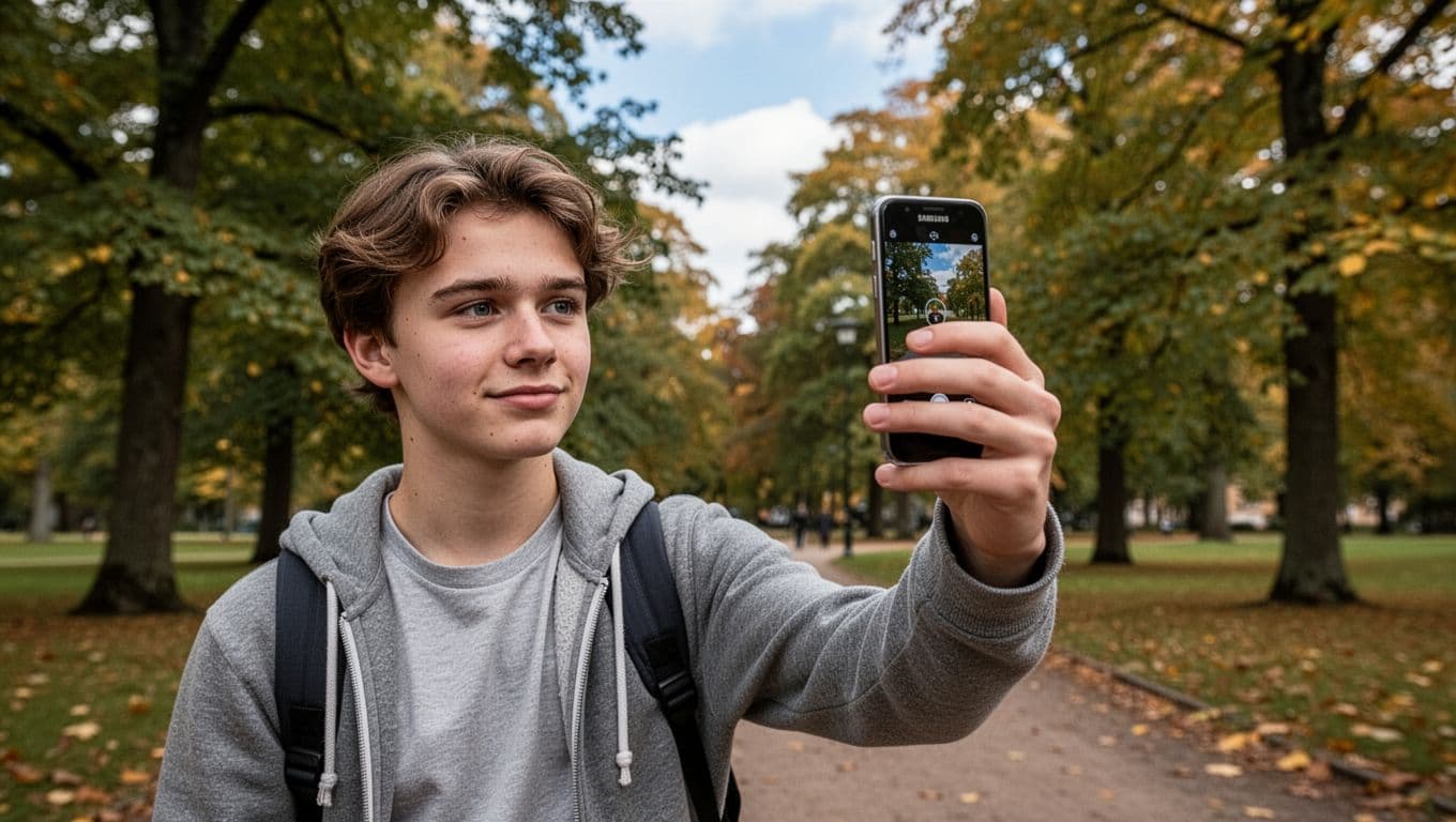 Photorealistic everyday scene of a young adult in casual clothes taking a photo outdoors in a Scandinavian park on an autumn day with soft daylight, using a Samsung Galaxy phone aimed at trees and sky.