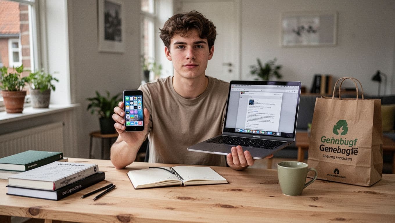 A young student in a neutral t-shirt sits at a light wooden table in a Danish apartment, holding a refurbished iPhone SE in one hand and a refurbished MacBook in the other, with screens displaying generic content. The table includes notebooks, coffee, and a recycling box, captured in photorealistic documentary style with natural light and high detail.