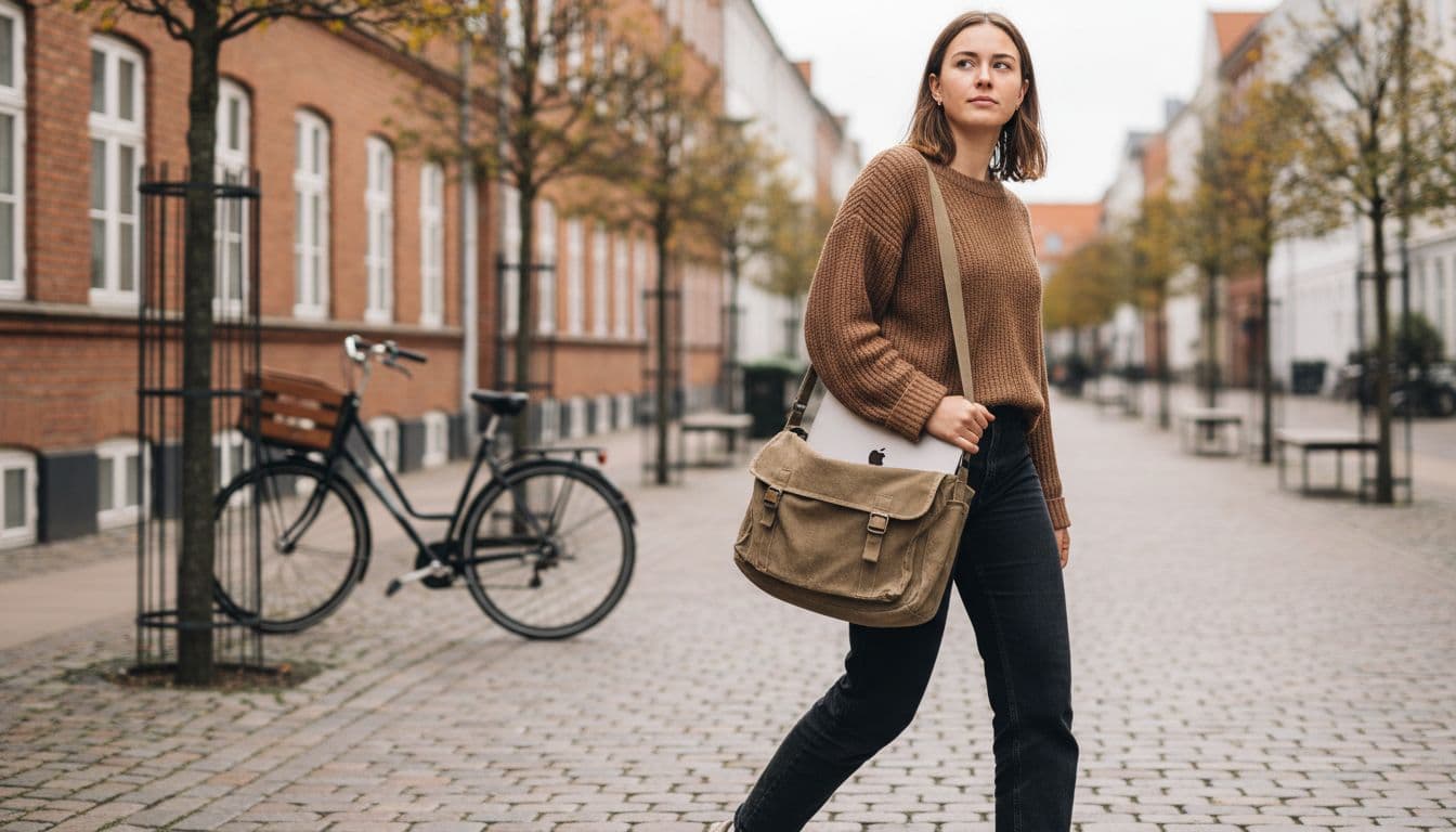 Young student carries bag with refurbished MacBook Air M1 on minimalist Danish street, bike in background.