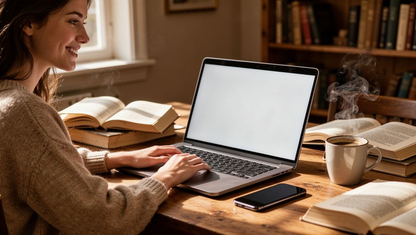 Photorealistic image of a young woman in her 20s sitting at a desk with a refurbished MacBook and iPhone nearby in a cozy study room with books and coffee, natural light, smiling lightly while working with hand on trackpad, no visible text or logos.