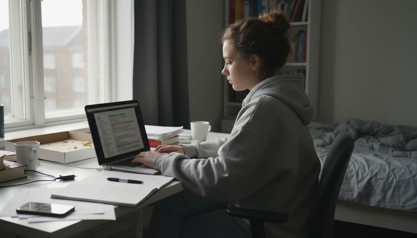Young student at cluttered desk in student apartment with open refurbished MacBook Pro M3 and notes nearby.