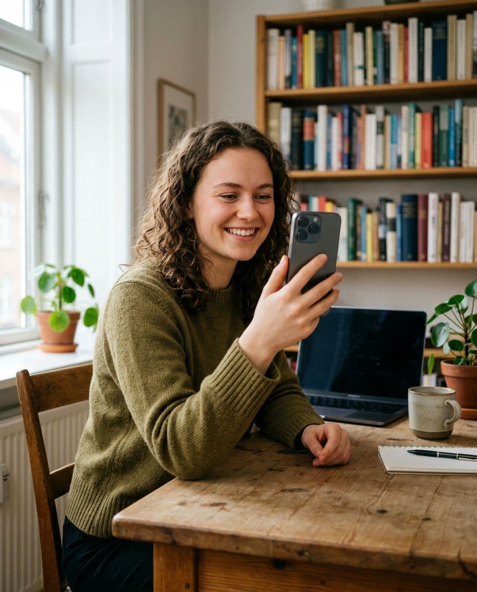 Photorealistic image in natural light of a smiling young student holding a refurbished iPhone to their face to test Face ID in a cozy living room with books and MacBook in the background. Focus on interaction with soft depth of field and realistic colors.