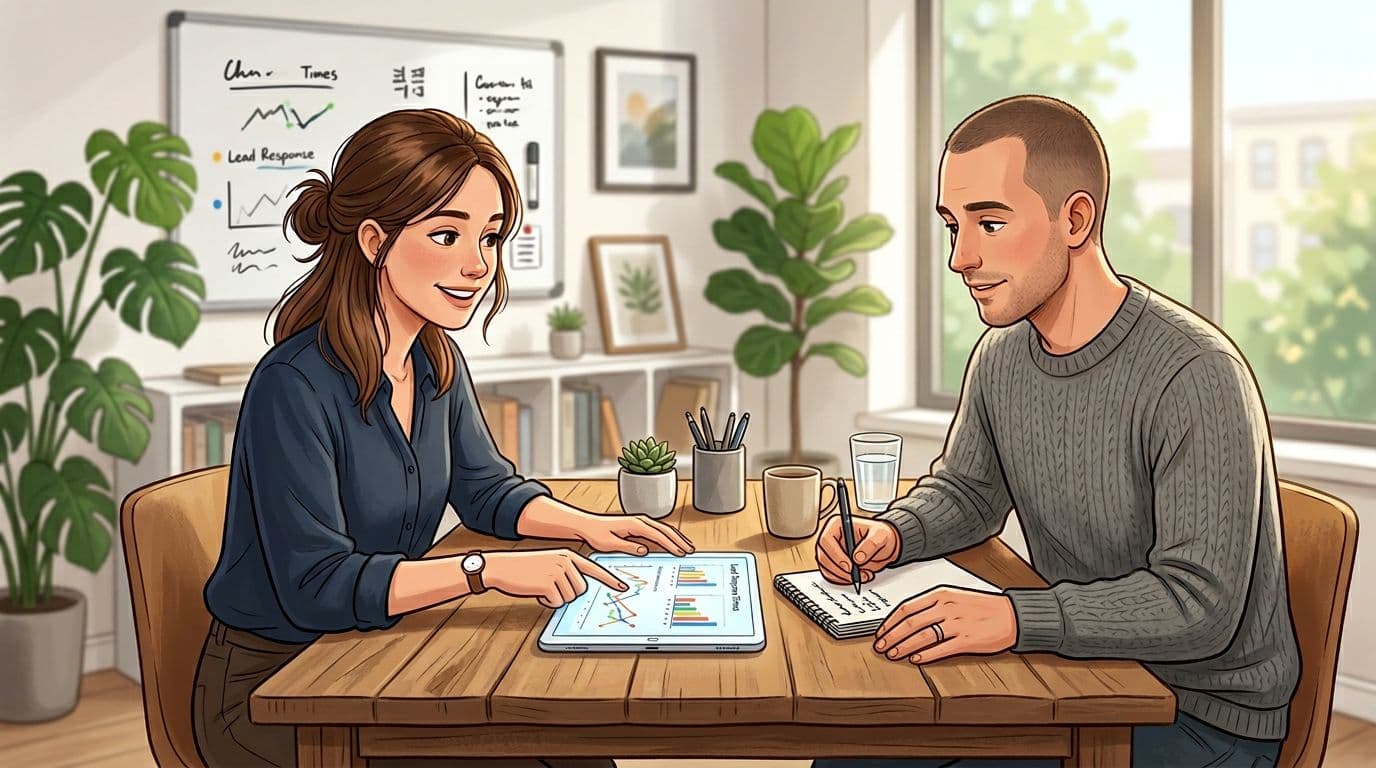 Two service business staff members in a relaxed casual office meeting around a table, one pointing to vague charts of lead response times on a tablet, the other taking notes on paper, in a modern small office with plants and natural lighting.