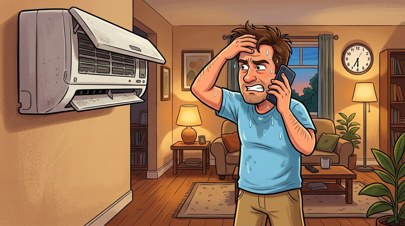 Cartoon illustration of a sweaty, frustrated homeowner in a living room dialing his phone for help with a broken air conditioner unit, early evening lighting, no text or other people.