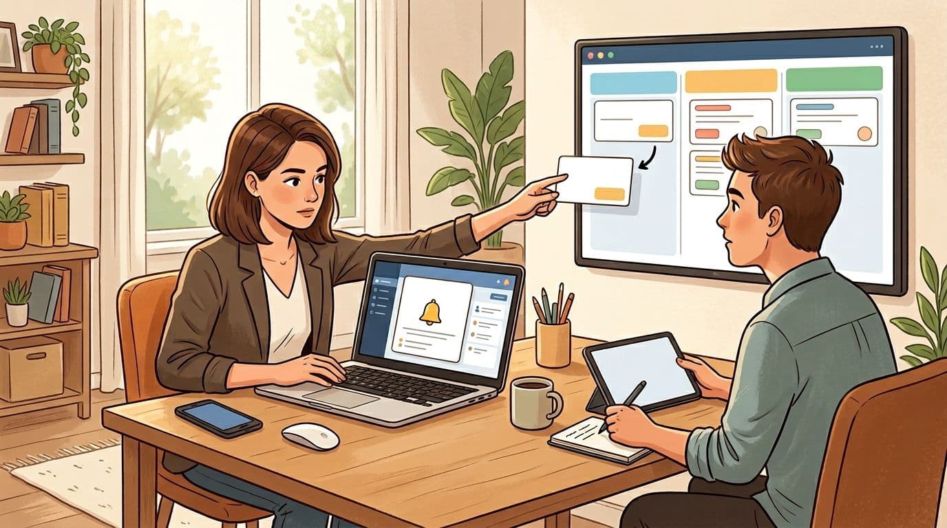 Simple illustration of a service business owner at a desk in a modern home office assigning a new lead notification from phone and computer to one team member using a shared task board, with focused expressions and natural daylight lighting.
