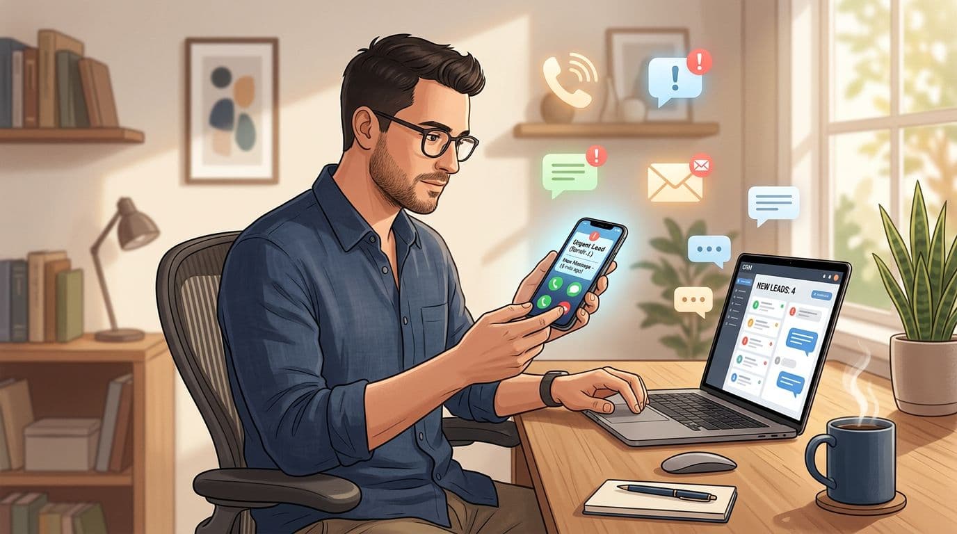 Clean illustration of a service business owner in a home office desk setup checking urgent lead notifications on phone and laptop from different channels like phone call, text message, and chat bubble icons subtly in background. Focused expression, modern setup with coffee mug, exactly one person, natural daylight lighting, no text, logos, or watermarks, landscape aspect ratio with content extending to all edges.
