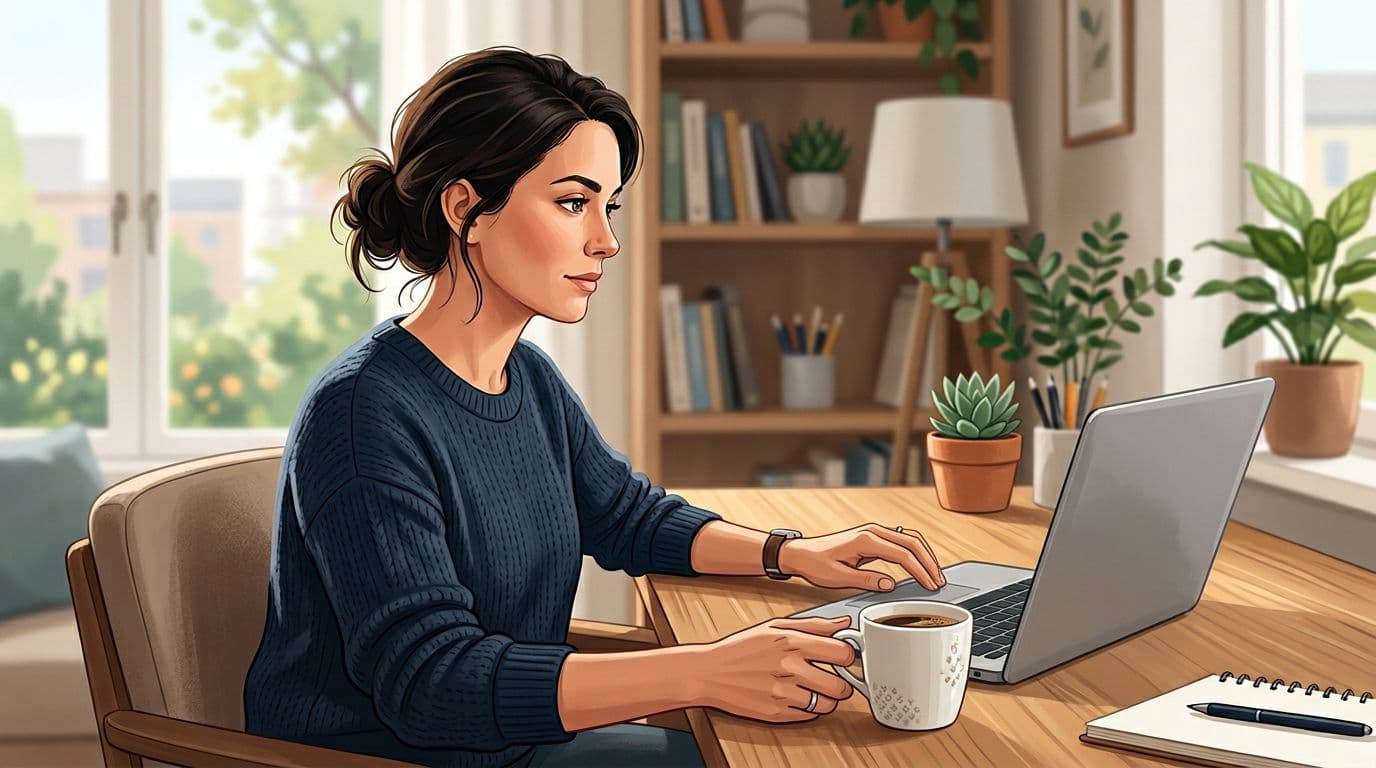 Clean illustration of a service business owner sitting at a wooden desk in a bright home office, reviewing a speed-to-lead metrics dashboard on a laptop with vague charts for response times and rates.