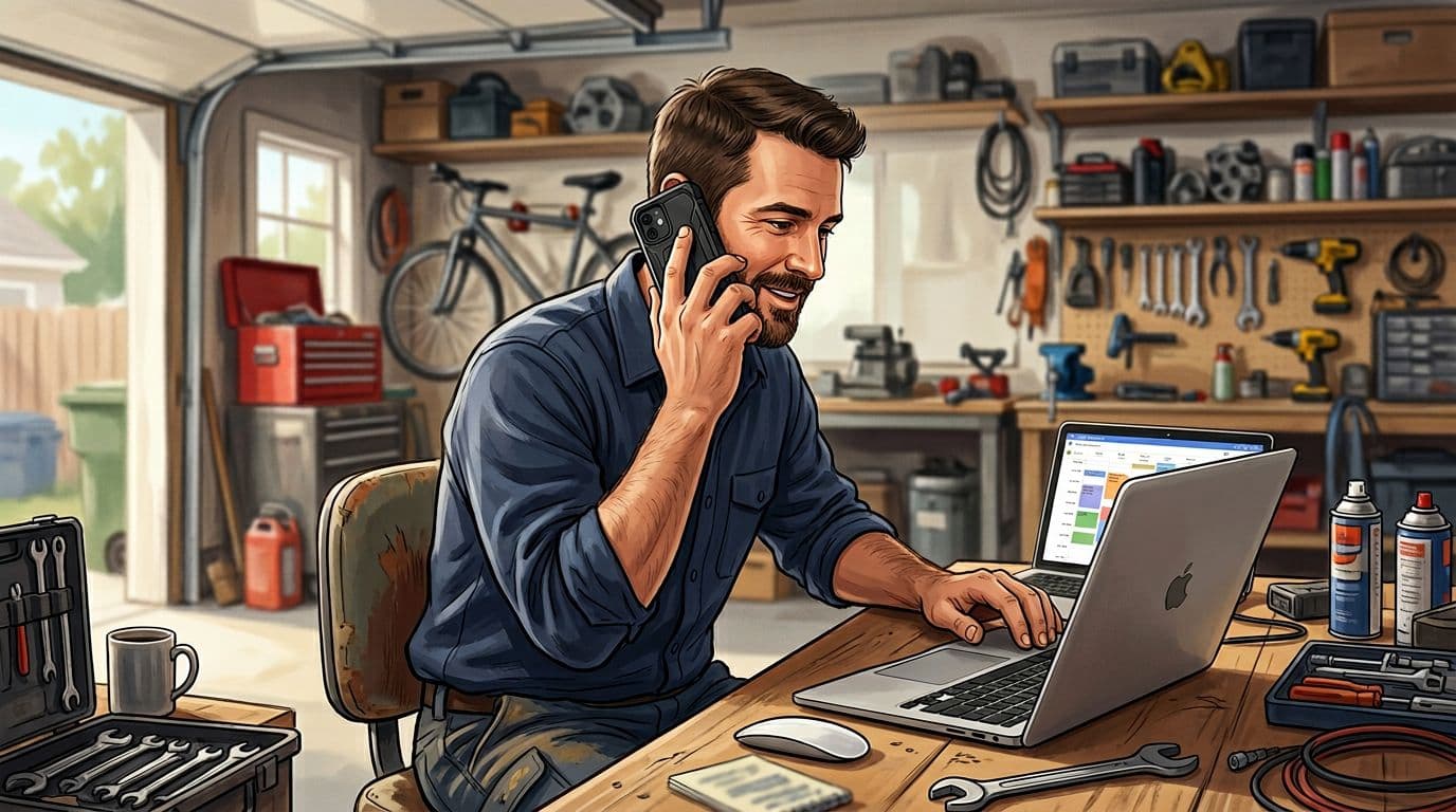 Illustration of a service technician in a home garage setting, on the phone booking a service appointment from a lead inquiry, with a calendar shown on an angled laptop screen without readable text.